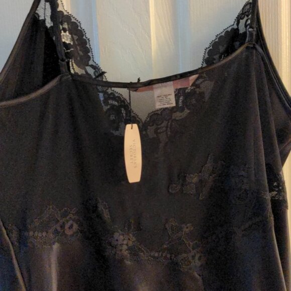 NWT Victoria's secret sexy black satin slip adjustable straps split side lace - Picture 5 of 8
